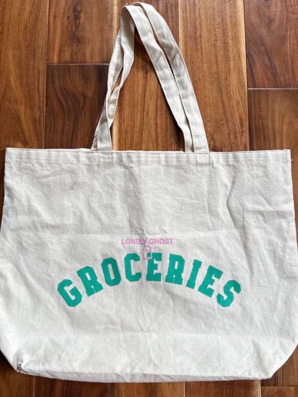 LONELY GHOST Cream Tote with Teal and Pink Logo